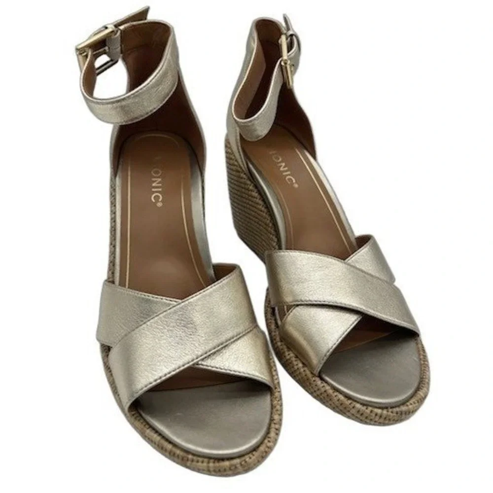 Vionic Marina Wedge Sandals Women's Size 9 Gold Metallic Leather AnkleEspadrille
